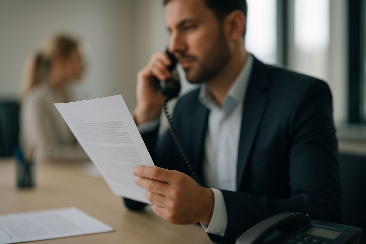 B2B Vertriebsmitarbeiter führt erfolgreiches Telefongespräch mit Entscheider