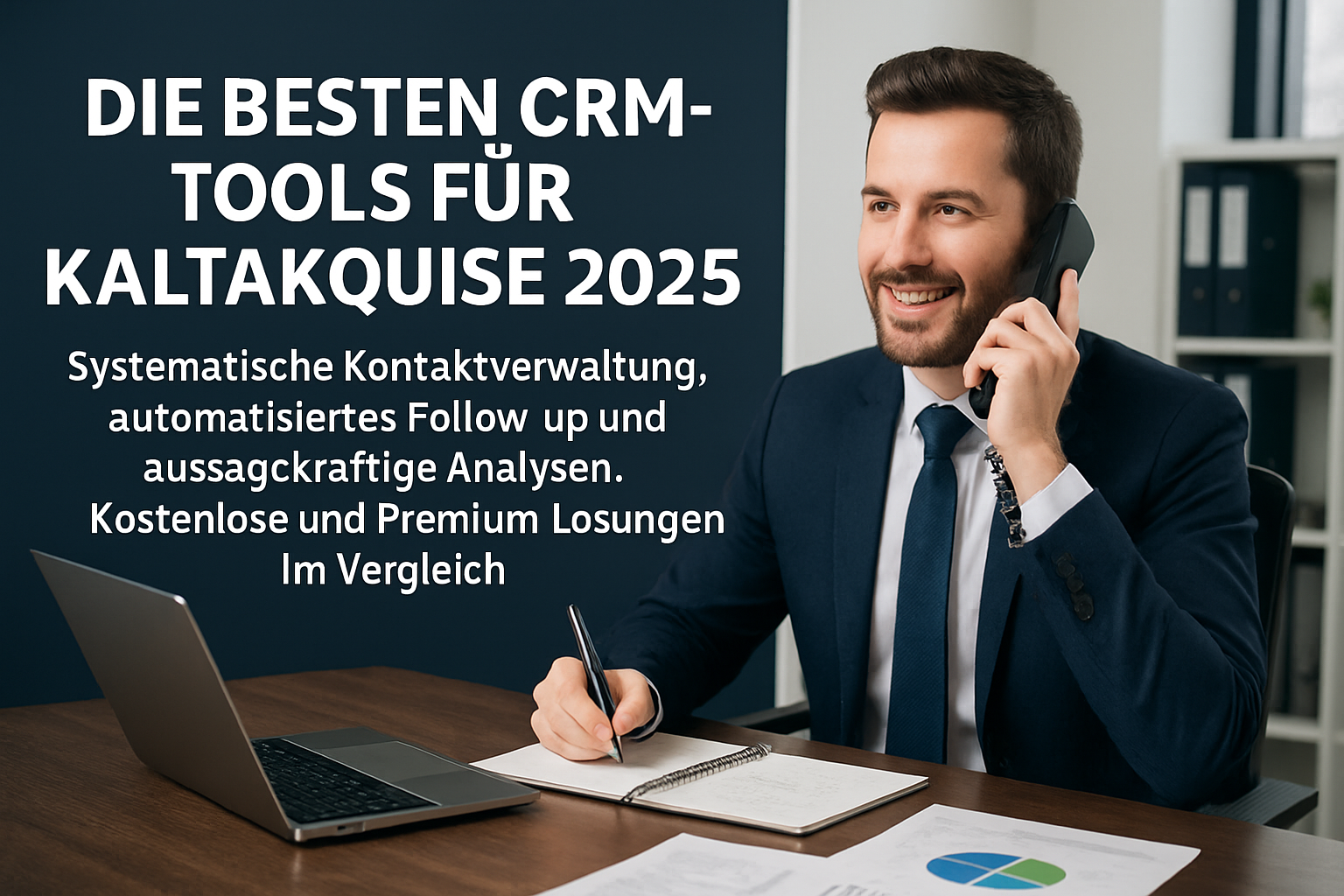 Vertriebsmitarbeiter nutzt modernes CRM-System für effiziente Kaltakquise am Laptop