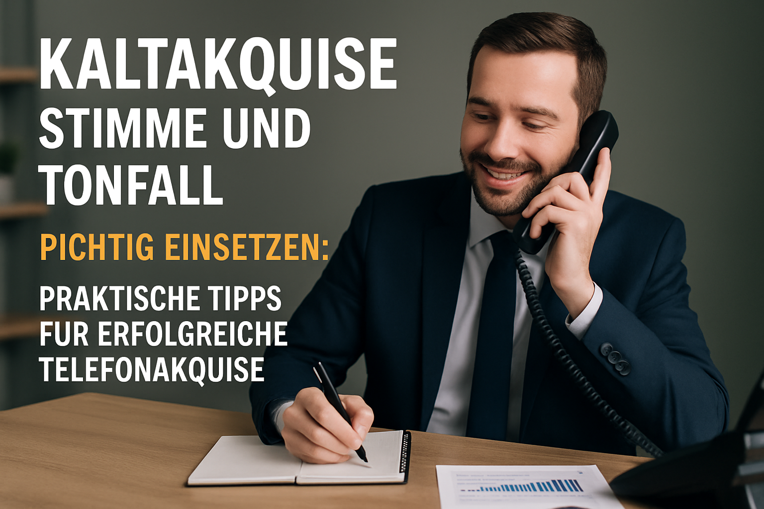 Vertriebsmitarbeiter spricht mit professioneller Stimme am Telefon während Kaltakquise