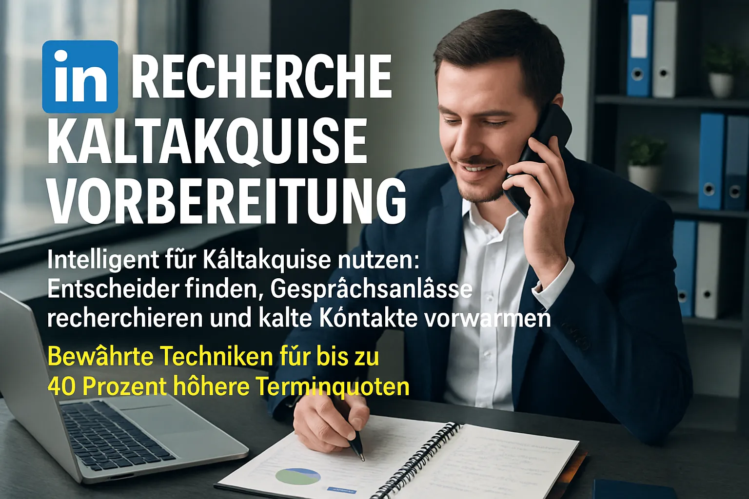 Vertriebsmitarbeiter nutzt LinkedIn für professionelle Kaltakquise-Vorbereitung